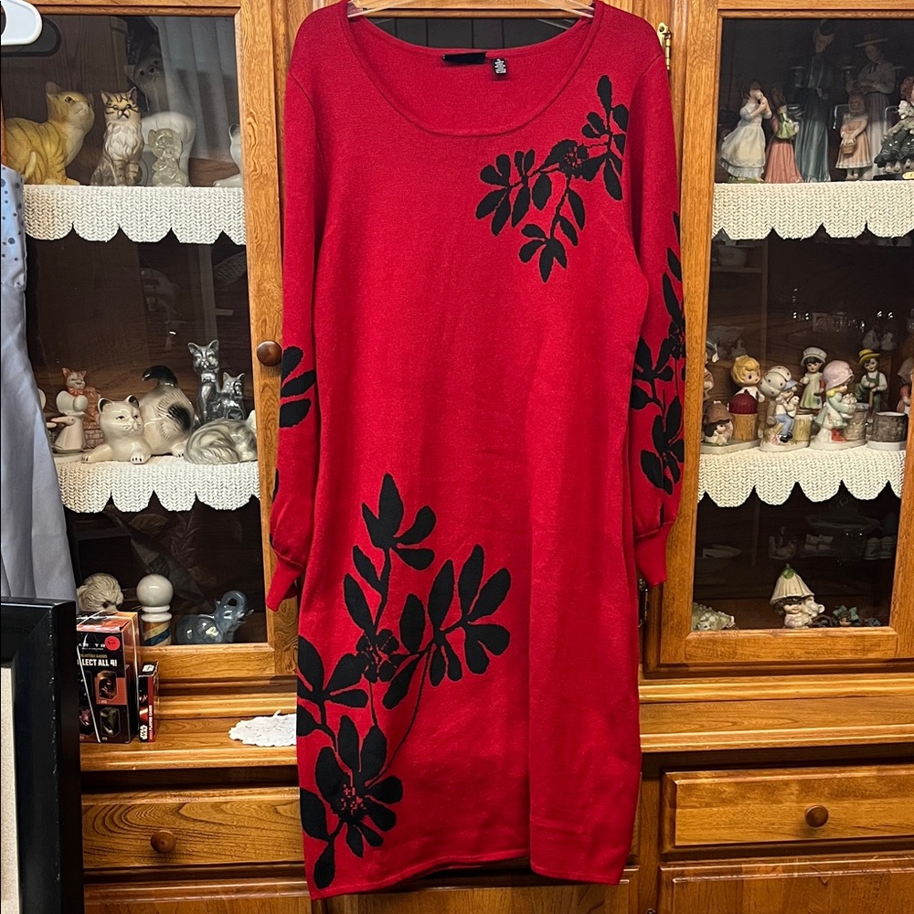 Nina Leonard Red Dress with Black Floral Accents